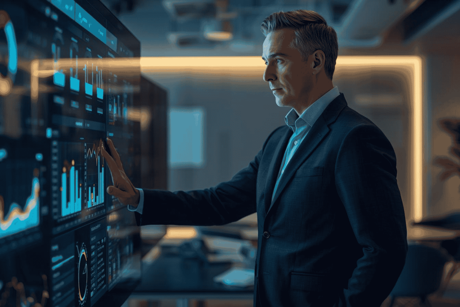 Business leader analyzing digital dashboard