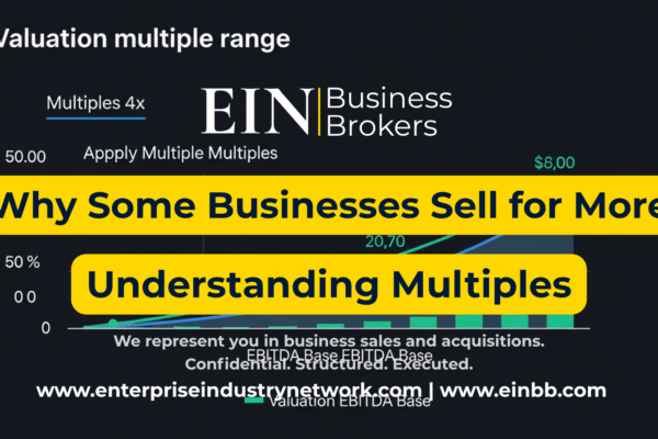 EIN Business Brokers video explaining business valuation multiples and how buyers use EBITDA, earnings, growth, risk, and market factors to determine business value.
