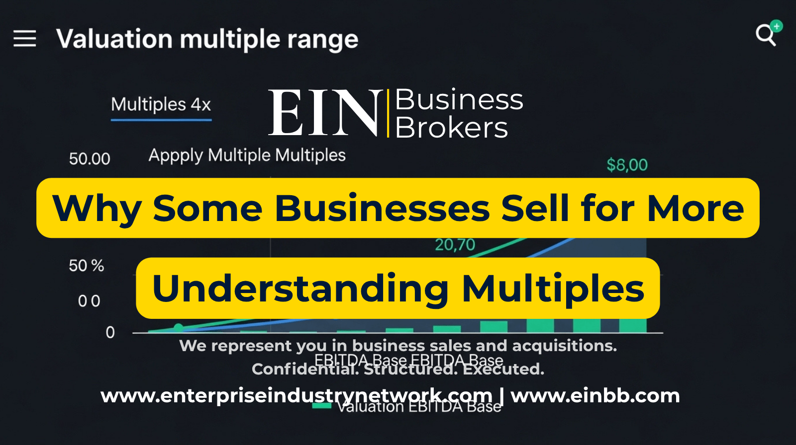 EIN Business Brokers video explaining business valuation multiples and how buyers use EBITDA, earnings, growth, risk, and market factors to determine business value.