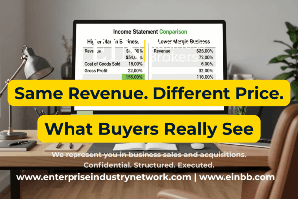 EIN Business Brokers video explaining why businesses with the same revenue can have different valuations based on earnings, risk, growth, management, and transferability.