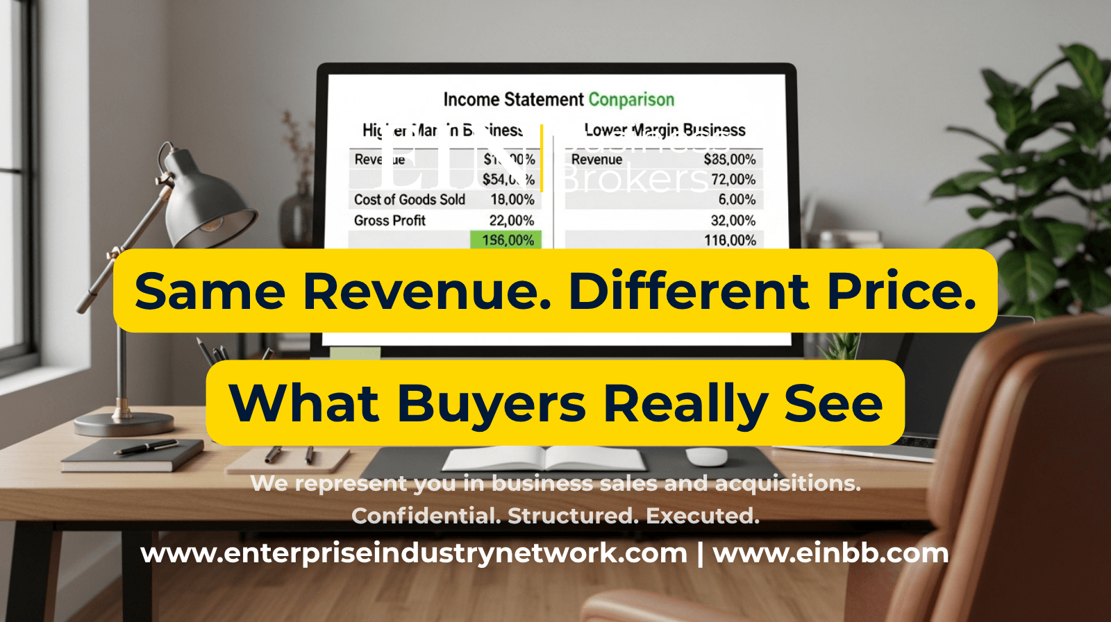 EIN Business Brokers video explaining why businesses with the same revenue can have different valuations based on earnings, risk, growth, management, and transferability.