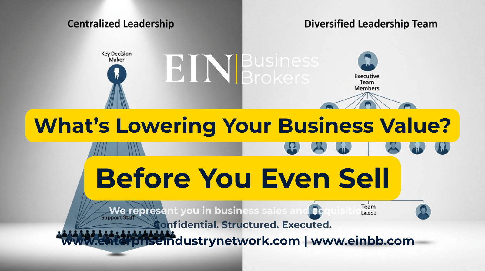 EIN Business Brokers video explaining what lowers business value before a sale, including financial weaknesses, owner dependency, customer concentration, and operational risk.