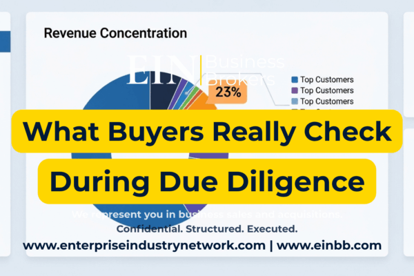 EIN Business Brokers video explaining how buyers perform due diligence and what they examine before acquiring a privately held business.