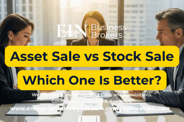 EIN Business Brokers video explaining the differences between an asset sale and stock sale, including ownership transfer, liabilities, taxes, and business sale structure.