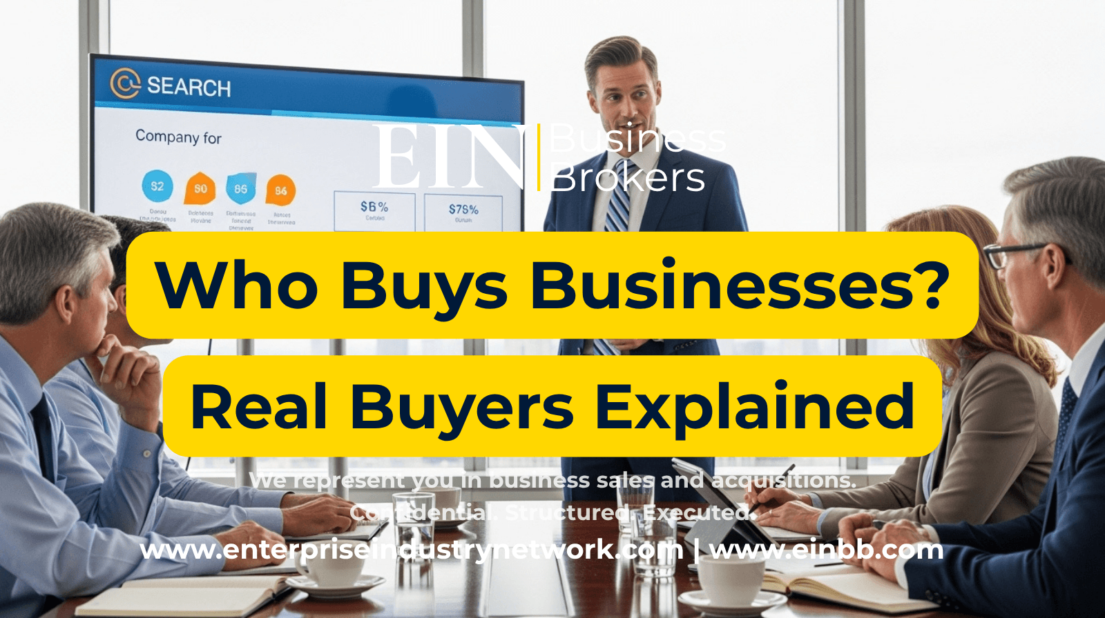 EIN Business Brokers video explaining who buys small and mid-sized businesses, including individual, strategic, private equity, and investment buyers.