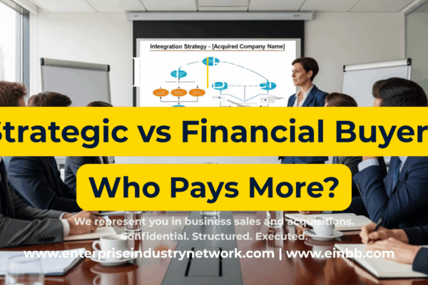 EIN Business Brokers video comparing strategic and financial buyers, including valuation, acquisition goals, synergies, financial returns, and deal structure.