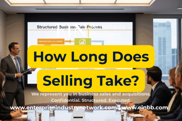 EIN Business Brokers video explaining how long it takes to sell a business and the timeline from valuation and buyer search through due diligence and closing.