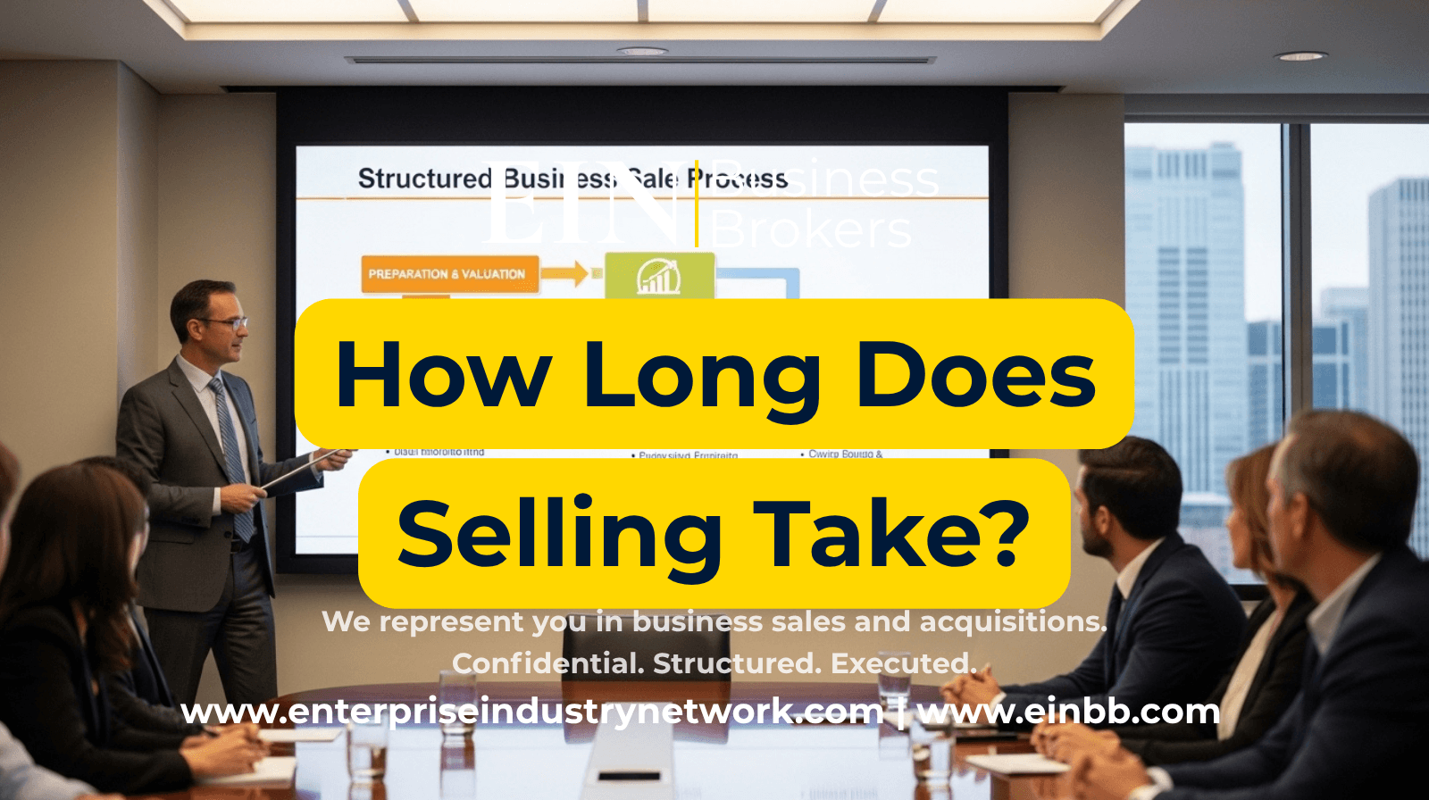 EIN Business Brokers video explaining how long it takes to sell a business and the timeline from valuation and buyer search through due diligence and closing.