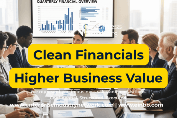 EIN Business Brokers video explaining how clean financial records, accurate bookkeeping, and organized financial statements can increase business value and buyer confidence.