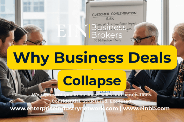 EIN Business Brokers video explaining common deal killers in business sales, including financing, due diligence, valuation, documentation, and negotiation problems.