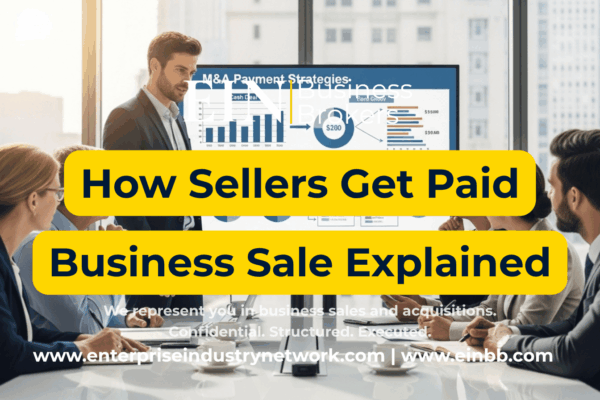 EIN Business Brokers video explaining how sellers get paid in a business sale through cash at closing, seller financing, earn-outs, escrow, and other deal terms.