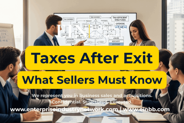 EIN Business Brokers video explaining taxes after selling a business, including capital gains, asset allocation, depreciation recapture, and seller tax planning.