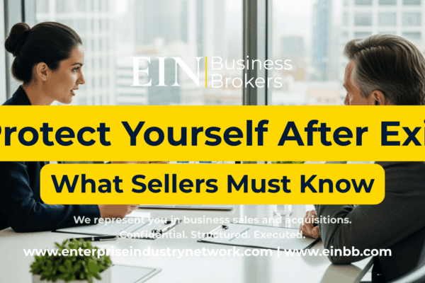 EIN Business Brokers video explaining how business sellers can protect themselves after closing through indemnification, escrow, holdbacks, warranties, and transaction terms.