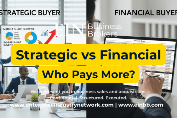 EIN Business Brokers video comparing strategic buyers and financial buyers and how each evaluates business acquisitions, valuation, and deal opportunities.