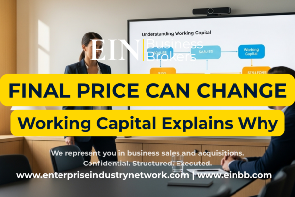 EIN Business Brokers video explaining working capital adjustments and why the final business sale price can change at closing.