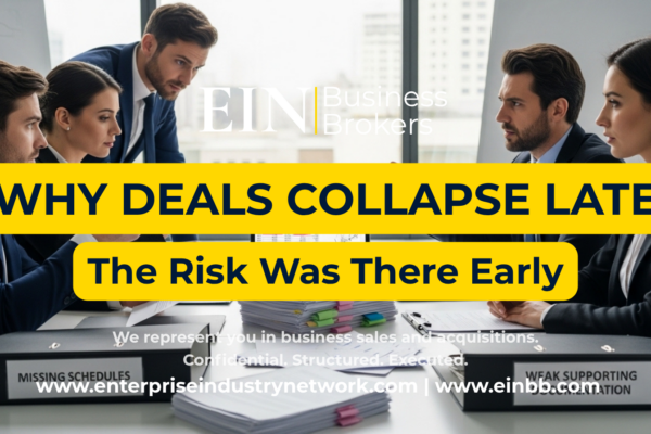 EIN Business Brokers video explaining why business sales fail at the last minute due to financing, due diligence, negotiation, valuation, or deal-structure problems.