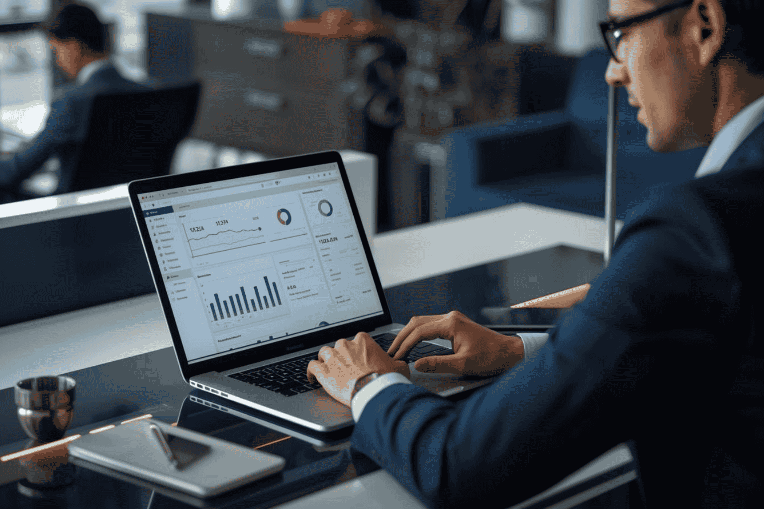 Business owner reviewing banking and fintech dashboards for financial control