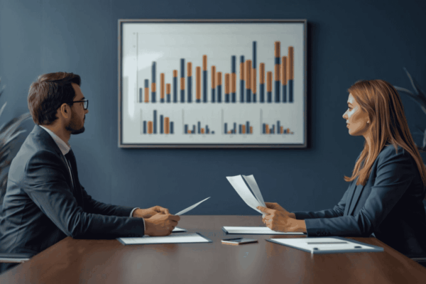 Buyer and seller discussing business valuation differences in a professional meeting