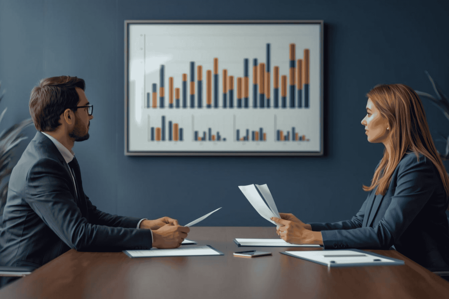 Buyer and seller discussing business valuation differences in a professional meeting