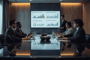 Business advisors analyzing valuation metrics and financial data