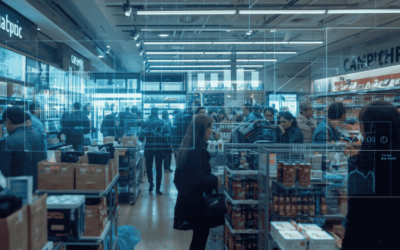 Customers shopping with data analytics overlay showing behavior trends