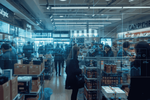 Customers shopping with data analytics overlay showing behavior trends