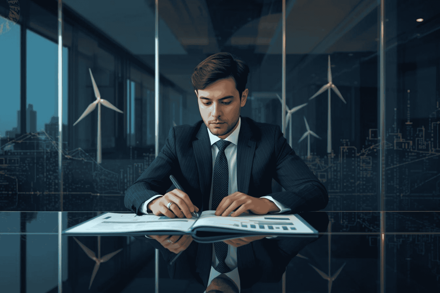 Executive reviewing business energy and climate impact reports