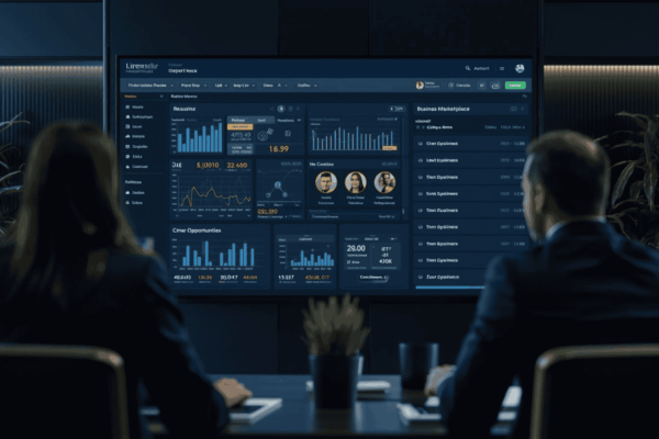 Executives reviewing business listings and enterprise exchange opportunities