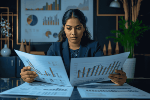 Business owner reviewing financial statements and cash flow insights