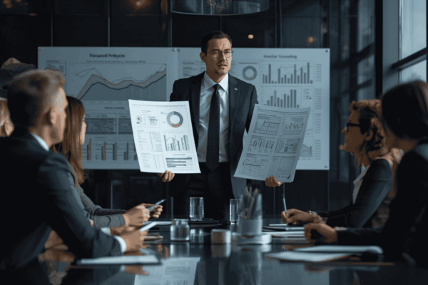 Business owner presenting financial reports to investors