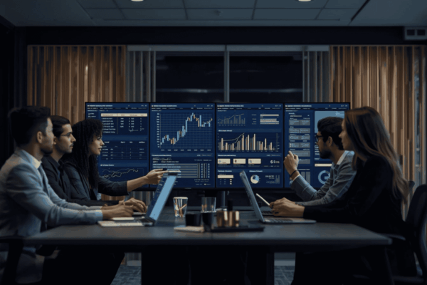 Leadership team managing hybrid workplace and future of work strategies