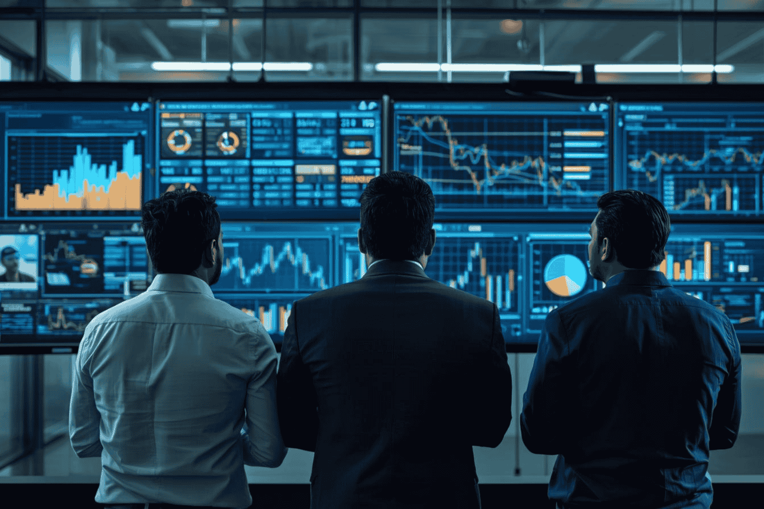 Business leaders reviewing broad industry reports and sector trends