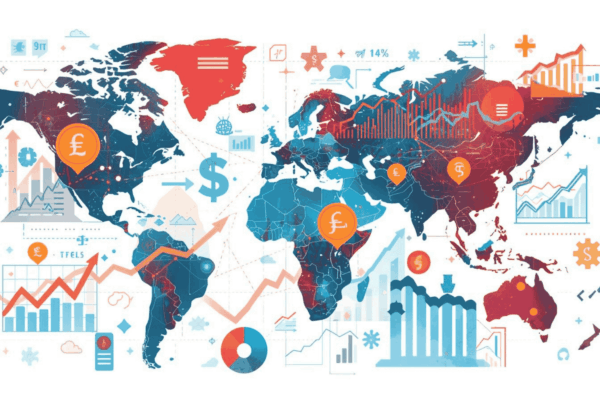 World map with economic indicators and currency symbols