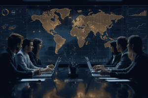 Executives reviewing global mergers and acquisitions trends with financial dashboards