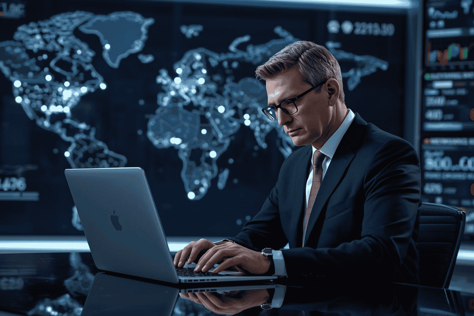 Executive reviewing global market news and business updates