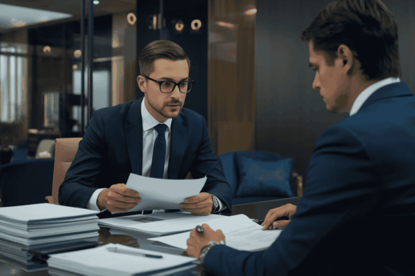 Lawyer reviewing business contracts for due diligence