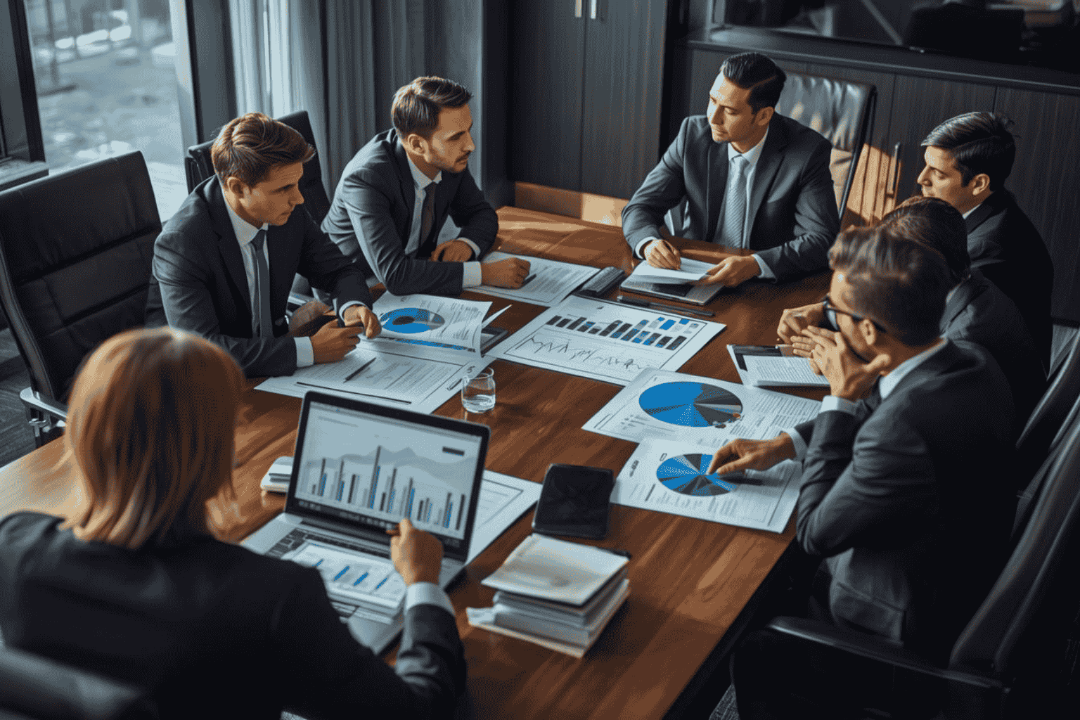 Executives reviewing recent mergers and acquisitions deal activity