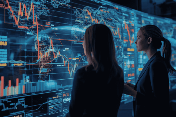 Financial analysts reviewing macroeconomic charts and data
