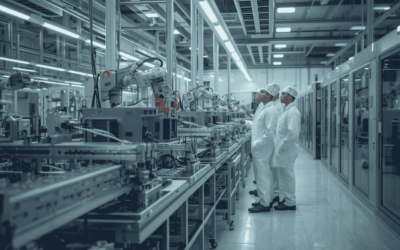 Engineers working in automated manufacturing facility with robotics