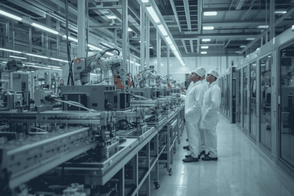 Engineers working in automated manufacturing facility with robotics