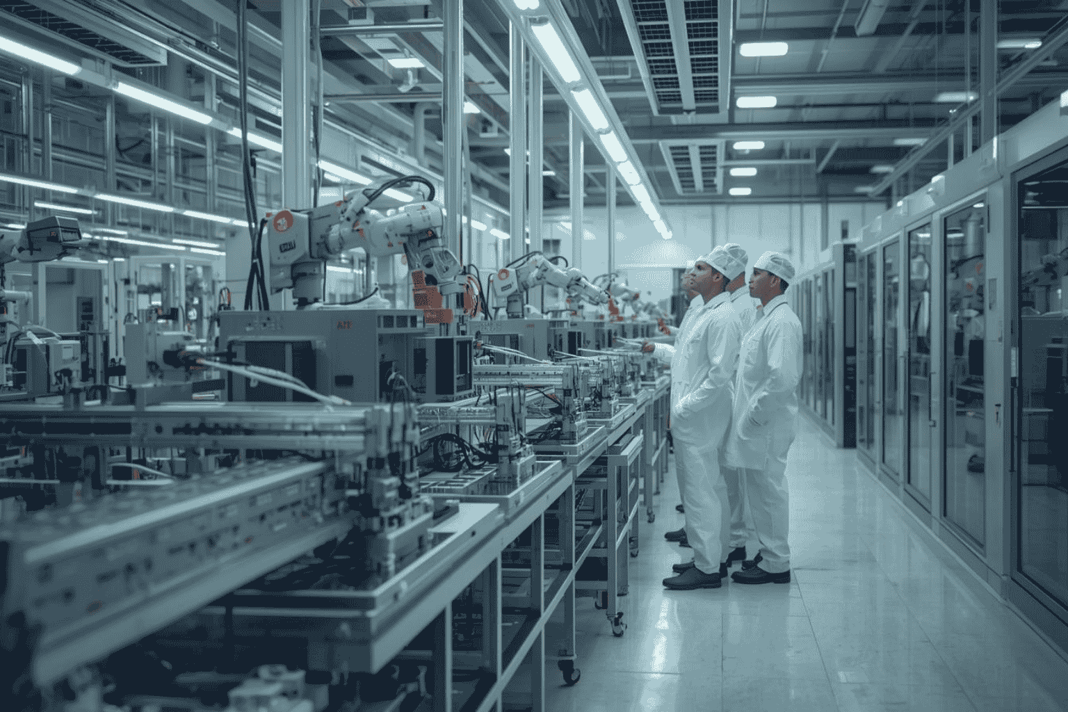 Engineers working in automated manufacturing facility with robotics