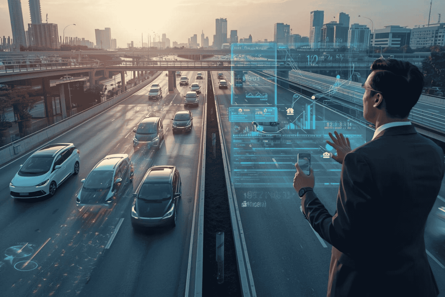 Executive reviewing next-generation mobility and smart transport analytics