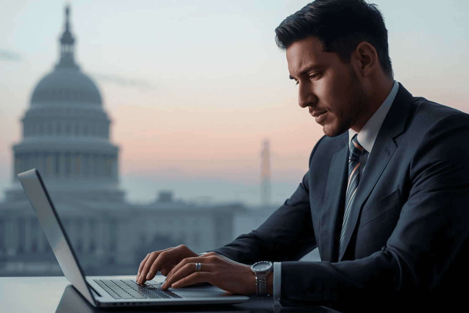 Executive reviewing political updates affecting business confidence