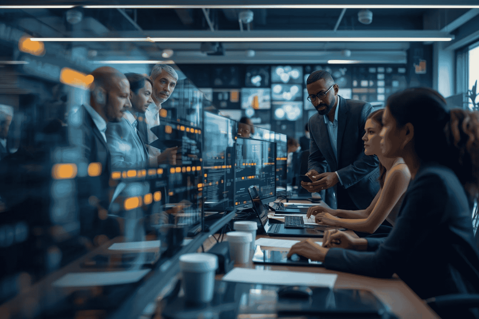 Team managing business operations with dashboards and workflow systems