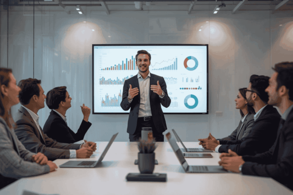 Startup founder presenting metrics to investors