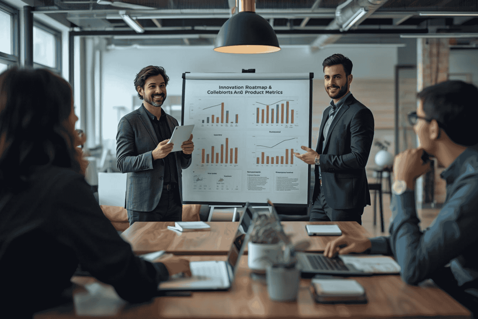 Startup founders presenting innovation strategy and growth metrics