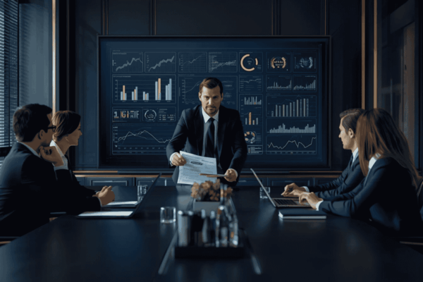 Business owner planning exit strategy with advisors and financial charts