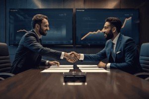 Business leaders reviewing strategic partnership agreement for growth