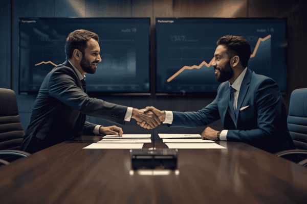 Business leaders reviewing strategic partnership agreement for growth