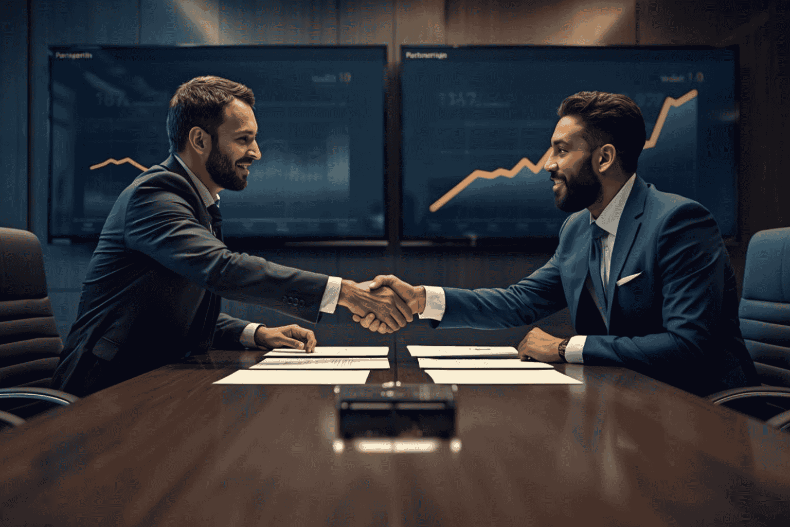 Business leaders reviewing strategic partnership agreement for growth